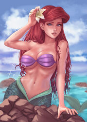  ariel_(disney) bare_shoulders breasts commentary english_commentary eollynart female highres lips long_hair looking_at_viewer mermaid mole mole_above_mouth monster_girl navel ocean purple_eyes red_hair rock shell shell_bikini solo the_little_mermaid water wet 