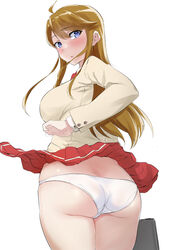  :o absurdres ahoge ass blazer blush breasts brown_hair butt_crack curvy echihiro female full-face_blush high_schoolmate_(idolmaster) highres idolmaster idolmaster_million_live! jacket large_breasts looking_at_viewer looking_back panties pantyshot pleated_skirt red_skirt simple_background skirt solo straight_hair tokoro_megumi underwear uniform_series_(idolmaster) upskirt white_background wind wind_lift 