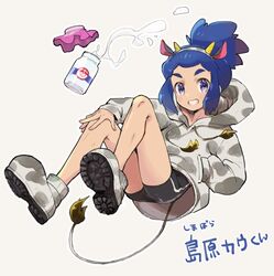  1boy alternate_hair_color animal_ears bike_shorts blue_hair boots bottle clenched_teeth commentary_request fake_animal_ears fake_tail hairband hand_in_pocket hau_(pokemon) hood hood_down hoodie knees long_hair looking_at_viewer male_focus mikanbako_(aitatadon3) milk milk_bottle moomoo_milk pokemon pokemon_sm purple_eyes smile solo tail teeth translation_request 