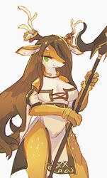  2019 4_fingers anthro antlers blush breasts brown_hair cernunnos_(full_bokko_heroes) cyberconnect2 deer drecom female fingers full_bokko_heroes hair half-length_portrait horn kemono long_hair looking_at_viewer mammal medium_breasts portrait rykanokk simple_background snout solo standing white_background 