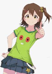  armpit_peek black_skirt blush brown_eyes brown_hair chupacabra_(idolmaster) closed_mouth cowboy_shot female green_shirt grey_background hair_ornament hand_on_own_hip highres idolmaster idolmaster_million_live! idolmaster_million_live!_theater_days kasuga_mirai looking_at_viewer miniskirt one_side_up pleated_skirt pointing pointing_at_viewer print_shirt rauto shirt short_hair simple_background skirt smile solo star_(symbol) star_hair_ornament wristband 