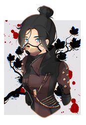  airship_assassin_wraith animification apex_legends black_hair blood blood_splatter blue_eyes breasts cable english_commentary female hair_behind_ear hair_bun highres itsaboutspoons leaf mask medium_breasts mouth_mask official_alternate_costume parted_bangs single_hair_bun solo upper_body wraith_(apex_legends) 