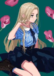  blonde_hair blue_socks boots breasts brown_eyes commentary female flower green_background highres kaneni long_hair original simple_background sitting socks solo wariza 