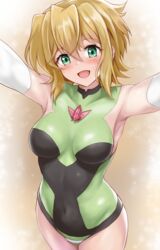  akatsuki_kirika armpits blonde_hair blush breasts covered_navel covered_nipples elbow_gloves female gloves green_eyes green_leotard highleg highleg_leotard leotard looking_at_viewer medium_breasts open_mouth outstretched_arms r-binon senki_zesshou_symphogear shiny_skin short_hair skin_tight smile solo standing striped 