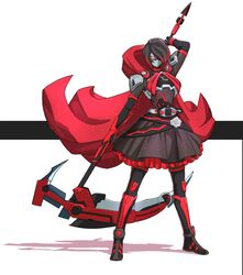  black_dress black_hair cape cloak corset crescent_rose cross crossover dress driver_(kamen_rider) female flower frilled_dress frills gradient_hair grey_eyes gun highres hood hooded_cloak huge_weapon kamen_rider kamen_rider_ex-aid_(series) long_sleeves multicolored_hair petals red_cape red_eyes red_hair rider-tan rider_gashat rose rose_petals ruby_rose rwby scythe short_hair to_ze tokusatsu two-tone_hair weapon 