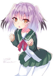  artist_name blush collarbone colored_tips feet_out_of_frame female fur-trimmed_sleeves fur_trim green_jacket green_skirt hair_between_eyes highres hizaka jacket kantai_collection kunashiri_(kancolle) long_hair long_sleeves multicolored_hair neck_ribbon one-hour_drawing_challenge open_mouth pantyhose pink_hair pleated_skirt red_ribbon ribbon signature simple_background skirt solo twitter_username two-tone_hair two_side_up white_background white_pantyhose yellow_eyes 