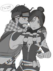  1boy animification apex_legends apex_legends:_overtime belt bodysuit breasts checkered_clothes checkered_scarf english_commentary english_text facial_hair female fingerless_gloves gloves goatee goggles goggles_on_head greyscale hair_bun highres hug itsaboutspoons medium_breasts mirage_(apex_legends) monochrome nose_piercing open_hand piercing scarf scene_reference single_hair_bun smile speech_bubble straight thigh_strap wraith_(apex_legends) 