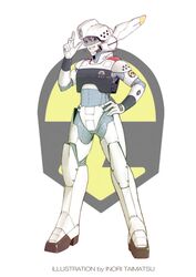  armor artist_name av-98_ingram av-98_ingram_(cosplay) brown_hair buchi_holes cosplay female gloves grey_eyes hand_on_own_hip highres inori_taimatsu izumi_noa kidou_keisatsu_patlabor mecha_musume pointing pointing_up power_armor science_fiction smile solo standing visor white_gloves 