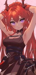  arknights armpits arms_up bare_arms belt black_belt black_dress blush breasts cleavage commentary_request dress female hair_between_eyes hair_intakes highres horns ice_s_s_z korean_commentary long_hair looking_at_viewer medium_breasts pink_background purple_eyes red_hair simple_background sleeveless sleeveless_dress solo surtr_(arknights) upper_body very_long_hair 