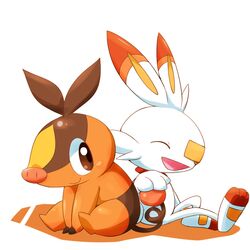  brown_eyes closed_eyes commentary_request kinakomochi_(kazuna922) no_humans pokemon pokemon_(creature) scorbunny sitting tepig 