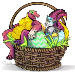  1:1 alligator alligatorid anthro basket belly big_egg big_tail blue_eyes canid canine canis container cosmicwuffy crocodilian digital_media_(artwork) domestic_dog duo easter easter_basket easter_egg fur grass hi_res holidays husky male male/male mammal nordic_sled_dog octariax paint plant puppiech0w purple_body reptile scales scalie scaly_tail sitting smile spitz tail toothy_grin yellow_belly 