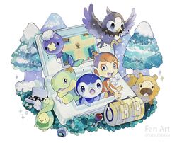  :d acrylic_paint_(medium) bag bidoof bird budew chimchar commentary_request drifloon duffel_bag fangs handheld_game_console highres nintendo_ds no_humans open_mouth painting_(medium) piplup poke_ball poke_ball_(basic) pokemon pokemon_(creature) poketch smile sparkle starly susutouka tongue traditional_media tree turtwig watch wristwatch yellow_bag 