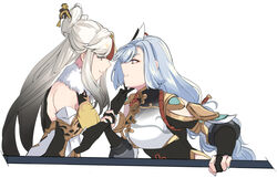  2girls bare_shoulders black_gloves blue_nails braid breast_curtain breasts chinese_clothes commentary eye_contact from_side fur_collar genshin_impact gloves grey_hair grin hair_ornament hairpin highres hinagi_(fox_priest) holding_another&#039;s_wrist large_breasts long_hair looking_at_another multiple_girls ningguang_(genshin_impact) profile shenhe_(genshin_impact) sidelocks simple_background single_braid smile tassel white_background white_hair yuri 