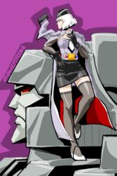  artist_name black_gloves black_headwear black_skirt black_thighhighs breasts decepticon elbow_gloves female frown garrison_cap gloves grey_jacket grey_shirt hat jacket jacket_on_shoulders kotobukiya_bishoujo leaning_back looking_to_the_side makoto_ono mecha medium_breasts megatron megatron_(kotobukiya_bishoujo) necktie on_mecha pencil_skirt profile purple_background red_eyes robot shirt shoes short_hair skirt standing standing_on_shoulder strapless strapless_shirt thighhighs transformers transformers:_generation_1 western_comics_(style) white_footwear white_necktie zettai_ryouiki 