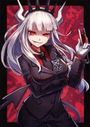  black_jacket black_pants blazer breast_hold breasts champagne_flute commentary cowboy_shot cup demon_girl demon_horns demon_tail drinking_glass female gloves grin helltaker highres holding horns jacket kuroi_susumu large_breasts long_hair long_sleeves looking_at_viewer lucifer_(helltaker) mole mole_under_eye necktie pants red_background red_eyes red_shirt shaded_face shirt smile smirk solo tail tiara undershirt uneven_eyes v-shaped_eyebrows white_gloves white_hair 