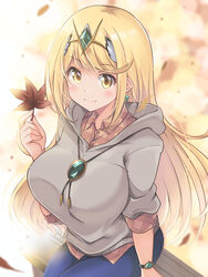  alternate_costume autumn_leaves blonde_hair breasts earrings female highres hood hoodie jewelry kurokaze_no_sora large_breasts long_hair mythra_(xenoblade) necklace solo swept_bangs tiara very_long_hair xenoblade_chronicles_(series) xenoblade_chronicles_2 yellow_eyes 