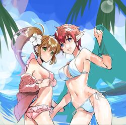  2girls ass bikini blue_eyes breasts brown_hair chisato_madison closed_mouth earrings flower groin hair_flower hair_ornament jewelry long_hair looking_at_viewer multiple_girls navel open_mouth outdoors pointy_ears precis_neumann protected_link red_hair short_hair smile star_ocean star_ocean_the_second_story swimsuit ycco_(estrella) 