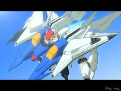  beam_rifle blue_eyes commentary_request energy_gun flying gundam gundam_hathaway&#039;s_flash lilya_(lilya_litvak) mecha mobile_suit no_humans robot science_fiction signature sky solo twitter_username v-fin weapon xi_gundam 