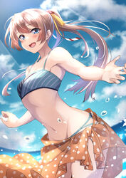  :d bad_anatomy bad_perspective bare_arms bare_shoulders bikini blue_eyes blush brown_hair cloud collarbone cowboy_shot day female fingernails groin hair_between_eyes highres kagari_liroi kantai_collection kazagumo_(kancolle) kazagumo_(swimsuit_mode)_(kancolle) long_hair looking_at_viewer navel ocean open_mouth outdoors polka_dot polka_dot_sarong ponytail sarong sky smile solo striped_bikini striped_clothes swimsuit tankini water 