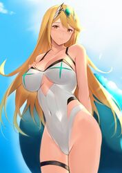  3: alternate_costume arm_behind_back bare_shoulders blonde_hair blue_sky blush breasts brown_eyes cleavage closed_mouth clothing_cutout collarbone competition_swimsuit covered_navel day female frown groin highleg highleg_swimsuit innertube kameponde large_breasts long_hair looking_at_viewer mythra_(radiant_beach)_(xenoblade) mythra_(xenoblade) one-piece_swimsuit outdoors sky solo straight_hair swept_bangs swim_ring swimsuit thigh_strap tiara underboob underboob_cutout very_long_hair white_one-piece_swimsuit xenoblade_chronicles_(series) xenoblade_chronicles_2 