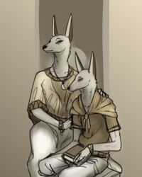  4:5 anthro arm_on_shoulder book clothed clothing duo female hi_res holding_book holding_object jewelry male mother_(lore) mother_and_child_(lore) mother_and_son_(lore) necklace parent_(lore) parent_and_child_(lore) parent_and_son_(lore) patecko rhyn_(species) shawl simple_background sitting son_(lore) wristband 