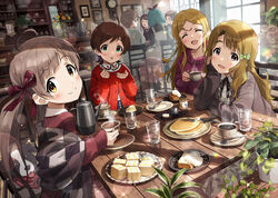  6+girls ^_^ ^o^ ahoge blurry bokeh cafe clock closed_eyes coffee coffee_pot cup depth_of_field drawing_(object) food glint hakozaki_serika hand_on_own_cheek hand_on_own_face highres holding holding_cup idolmaster idolmaster_million_live! kinoshita_hinata kitazawa_shiho looking_at_another looking_at_viewer miyao_miya multiple_girls on_chair pancake picture_frame plant plate sakuramori_kaori sandwich shawl shinomiya_karen sideways_glance sitting sonsoso steam sunlight table tanaka_kotoha tokugawa_matsuri water window wooden_table 