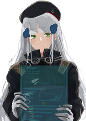  artist_name beret blue_hair breasts closed_mouth expressionless female girls&#039;_frontline gloves green_eyes hair_between_eyes hair_ornament hairclip hat highres hk416_(girls&#039;_frontline) holding holding_notepad light_blue_hair long_hair looking_down notepad solo sutekina_awa tactical_clothes teardrop_facial_mark teardrop_tattoo upper_body white_background white_gloves 