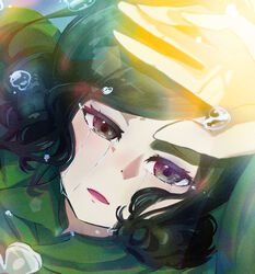  black_eyes black_hair cape crying crying_with_eyes_open female green_cape hand_up highres miranjo niiike442 ousama_ranking solo sunlight tears 