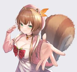  absurdres animal_ears ayunda_risu ayunda_risu_(1st_costume) blush bow breasts brown_hair choker cleavage dress female green_eyes hair_ornament hair_over_shoulder hat highres hololive hololive_indonesia large_breasts long_hair looking_at_viewer robbilgigih simple_background smile solo squirrel_ears squirrel_girl squirrel_tail sweater tail virtual_youtuber 