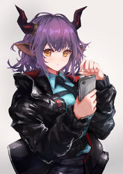  absurdres arknights black_jacket black_necktie blue_shirt brown_eyes cellphone commentary female grey_background hair_between_eyes hands_up highres holding holding_phone horns jacket long_sleeves looking_at_viewer necktie open_clothes open_jacket phone photoshop_(medium) purple_hair shirt short_hair sideroca_(arknights) simple_background smartphone solo trrcmb upper_body 