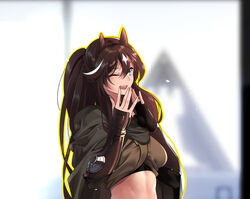  ;d animal_ears arknights breasts brown_hair brown_shirt cape commentary_request crop_top female green_eyes grey_cape hair_between_eyes hands_up highres horse_ears indoors long_hair looking_at_viewer medium_breasts meteor_(arknights) midriff one_eye_closed open_mouth outline shijie_jianfa shirt smile solo upper_body yellow_outline 