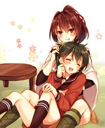  2girls between_legs black_hair blush brown_eyes brown_hair closed_eyes grin hair_ribbon ise_(kancolle) japanese_clothes kantai_collection mogami_(kancolle) multiple_girls one-hour_drawing_challenge open_mouth ponytail ribbon ruffling_hair school_uniform short_hair shorts sitting skirt smile teasing toosaka_asagi 