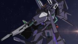  beam_rifle commentary_request energy_gun gundam gundam_narrative highres lilya_(lilya_litvak) mecha mobile_suit no_humans red_eyes robot science_fiction signature silver_bullet_suppressor solo space star_(sky) v-fin weapon 