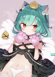  absurdres animal_ears animal_hands animal_on_head bird bird_on_head blush cat_ears cat_girl cat_paws chick earrings female garter_straps ghost_earrings green_hair hair_ornament highres hololive jewelry looking_at_viewer low_twintails official_alternate_costume on_head panties piyoko_(uruha_rushia) red_eyes shin_no_tenpii short_hair short_twintails skull_collar skull_hair_ornament solo thighhighs twintails underwear uruha_rushia uruha_rushia_(3rd_costume) virtual_youtuber 