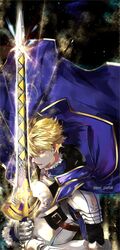  1boy ahoge armor arthur_pendragon_(fate) blonde_hair capelet closed_eyes collared_shirt excalibur_(fate/prototype) fate/grand_order fate_(series) fur_collar highres holding holding_weapon male_focus pvc_parfait shirt weapon 