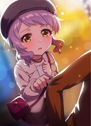  bag beret black_headwear blurry blurry_background blush brown_eyes brown_jacket brown_skirt clothes_grab commentary_request depth_of_field female hat highres idolmaster idolmaster_million_live! idolmaster_million_live!_theater_days jacket makabe_mizuki momoda_yasuhito open_clothes open_jacket out_of_frame parted_lips plaid plaid_skirt purple_hair shirt shoulder_bag skirt sleeve_grab solo_focus white_shirt 