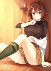  breasts brown_eyes brown_hair female hyuuga_(kancolle) japanese_clothes kantai_collection large_breasts looking_at_viewer one-hour_drawing_challenge partially_undressed pleated_skirt shinai short_hair signature skirt solo sweat sword toosaka_asagi weapon wiping_sweat 