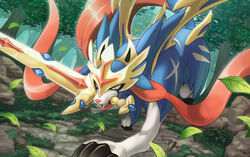  ambiguous_gender armor blue_body blue_fur crowned_sword_zacian feral fur generation_8_pokemon hakuginnosora holding_melee_weapon holding_object holding_sword holding_weapon leaf legendary_pokemon markings melee_weapon mouth_hold multicolored_body multicolored_fur nintendo object_in_mouth outside pink_nose plant pokemon pokemon_(species) rock sharp_teeth solo sword sword_in_mouth teeth tree weapon white_body white_fur yellow_eyes zacian 