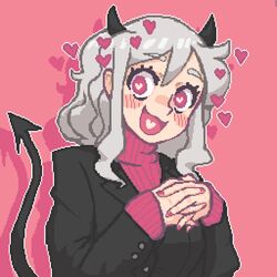  black_suit blush breasts commentary demon_girl demon_horns demon_tail duplicate female formal happy hcnone heart heart-shaped_pupils helltaker horns long_sleeves looking_at_viewer modeus_(helltaker) open_mouth pixel-perfect_duplicate pixel_art red_eyes shirt simple_background sleeves_past_wrists smile solo suit sweater symbol symbol-shaped_pupils tail turtleneck upper_body white_hair 