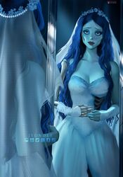  bare_shoulders black_eyes blue_hair breasts bridal_gauntlets bridal_veil bride colored_skin commentary corpse_bride dark_blue_hair deviantart_logo dress emily_(corpse_bride) female flower flower_wreath full-length_mirror gloves grey_skin head_wreath highres indoors instagram_logo jewelry jyundee large_breasts long_hair looking_at_mirror looking_at_self looking_at_viewer makeup mirror patreon_logo reflection ring skeletal_arm solo strapless strapless_dress tiktok_logo twitter_logo undead veil wavy_hair wedding_dress wedding_ring white_dress white_flower white_gloves youtube_logo 