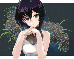  alternate_hair_color anastasia_(idolmaster) ashita_(2010) bare_shoulders black_hair blue_eyes blush breasts collarbone dress eyelashes female floral_background grey_background hair_between_eyes idolmaster idolmaster_cinderella_girls looking_at_viewer medium_breasts short_hair smile solo upper_body white_dress 