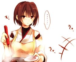  brown_eyes brown_hair cooking female hyuuga_(kancolle) japanese_clothes kantai_collection ladle plate short_hair solo steam toosaka_asagi 