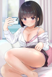  bed_sheet black_hair black_skirt blush bob_cut bra breasts cellphone cleavage closed_mouth clothes_lift collarbone collared_shirt curtains feet_out_of_frame female highres holding holding_phone indoors iwanishi lifting_own_clothes looking_at_viewer medium_breasts original panties phone pink_bra pink_panties purple_eyes shirt sitting skirt skirt_lift smartphone solo thighs underwear uniform white_shirt window 