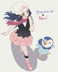  :d bare_arms beanie black_hair black_shirt black_socks boots commentary dawn_(pokemon) eyebrows_visible_through_hat female film_grain full_body grey_eyes hair_ornament hairclip hari611 hat highres kneehighs knees long_hair lower_teeth_only open_mouth pink_footwear pink_skirt piplup pokemon pokemon_(creature) pokemon_dppt purple_scarf scarf shirt sidelocks skirt sleeveless sleeveless_shirt smile socks standing teeth tongue white_headwear 