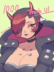  apex_legends black_headwear black_jacket breasts cleavage collarbone cyber_punked_wattson female heart highres horns jacket kabiyapyo medium_breasts milestone_celebration official_alternate_costume one_eye_covered pink_eyes pink_hair portrait purple_lips smile solo wattson_(apex_legends) 