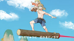  2boys :d belt bike_shorts blonde_hair blue_eyes blue_sky carrying cloud commentary day dragon_ball dragon_ball_z father_and_son flying gameplay_mechanics link log long_hair male_focus monbetsu_kuniharu multiple_boys open_mouth outdoors parody scar sitting_on_shoulder sky sky_surfing smile son_gohan son_goku subtitled the_legend_of_zelda the_legend_of_zelda:_breath_of_the_wild topless_male translated 