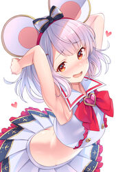  adapted_costume animal_ears armpits arms_up bare_arms bare_shoulders bent_over black_bow blush bow bowtie brooch brown_eyes butt_crack commentary_request crop_top crop_top_overhang embarrassed female granblue_fantasy groin hairband hairbow heart heart_brooch highres jewelry looking_at_viewer midriff miniskirt mouse_ears nose_blush open_mouth pleated_skirt sailor_collar shirt short_hair simple_background skirt sleeveless sleeveless_shirt solo sweat tomo_(tmtm_mf_mf) vikala_(granblue_fantasy) white_background white_hair white_shirt white_skirt 