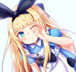  ;) apron baram black_bow black_ribbon blonde_hair blue_background blue_dress blue_eyes blush bow collared_dress commentary_request cowboy_shot dress female frilled_apron frills green_eyes hair_ribbon hairbow hand_up leaning_forward long_hair looking_at_viewer mononobe_alice mononobe_alice_(1st_costume) multicolored_eyes nijisanji ok_sign ok_sign_over_eye one_eye_closed puffy_short_sleeves puffy_sleeves ribbon short_sleeves simple_background smile solo very_long_hair virtual_youtuber white_apron 