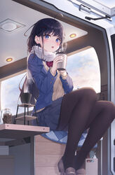  :d absurdres ahoge black_hair black_pantyhose black_skirt blazer blue_eyes blue_jacket blush brown_footwear coffee_beans commentary_request cup female hair_ornament hairclip highres holding holding_cup jacket keis_(locrian1357) loafers long_hair long_sleeves looking_at_viewer miniskirt open_clothes open_jacket open_mouth original pantyhose pleated_skirt red_neckwear scarf school_uniform shoes sitting skirt smile solo steam sweater_vest two-handed very_long_hair white_scarf x_hair_ornament 