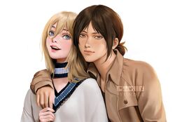  2girls blonde_hair blue_eyes breasts brown_eyes brown_hair couple deviantart_logo freckles hair_down hug hug_from_behind instagram_logo jyundee krista_lenz long_hair long_sleeves looking_at_viewer medium_breasts multiple_girls open_mouth parted_bangs patreon_logo realistic shingeki_no_kyojin smile twitter_logo ymir_(shingeki_no_kyojin) youtube_logo yuri 